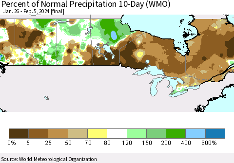 Canada Percent of Normal Precipitation 10-Day (WMO) Thematic Map For 1/26/2024 - 2/5/2024
