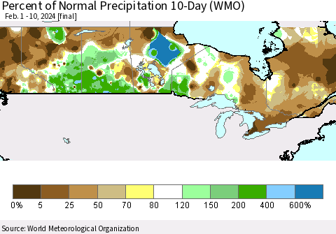 Canada Percent of Normal Precipitation 10-Day (WMO) Thematic Map For 2/1/2024 - 2/10/2024