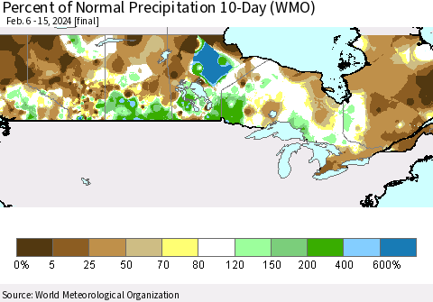 Canada Percent of Normal Precipitation 10-Day (WMO) Thematic Map For 2/6/2024 - 2/15/2024