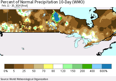 Canada Percent of Normal Precipitation 10-Day (WMO) Thematic Map For 2/11/2024 - 2/20/2024