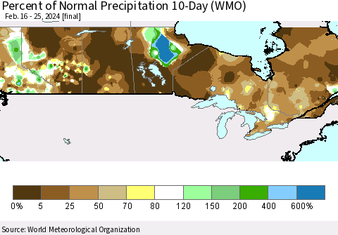 Canada Percent of Normal Precipitation 10-Day (WMO) Thematic Map For 2/16/2024 - 2/25/2024