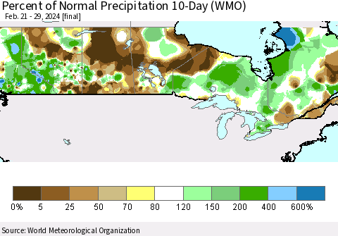 Canada Percent of Normal Precipitation 10-Day (WMO) Thematic Map For 2/21/2024 - 2/29/2024