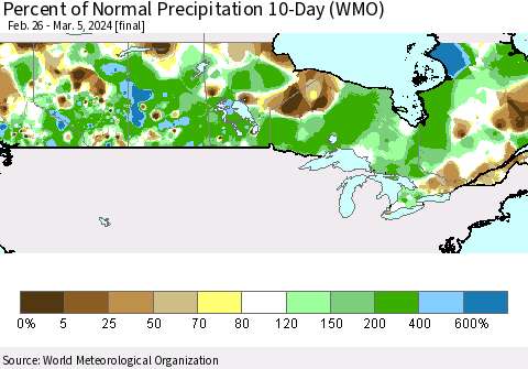 Canada Percent of Normal Precipitation 10-Day (WMO) Thematic Map For 2/26/2024 - 3/5/2024