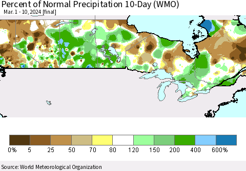 Canada Percent of Normal Precipitation 10-Day (WMO) Thematic Map For 3/1/2024 - 3/10/2024