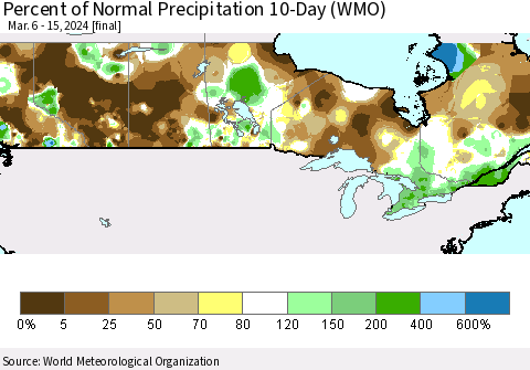 Canada Percent of Normal Precipitation 10-Day (WMO) Thematic Map For 3/6/2024 - 3/15/2024