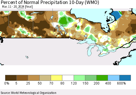 Canada Percent of Normal Precipitation 10-Day (WMO) Thematic Map For 3/11/2024 - 3/20/2024