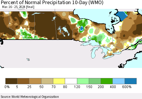 Canada Percent of Normal Precipitation 10-Day (WMO) Thematic Map For 3/16/2024 - 3/25/2024
