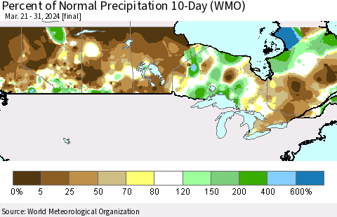 Canada Percent of Normal Precipitation 10-Day (WMO) Thematic Map For 3/21/2024 - 3/31/2024