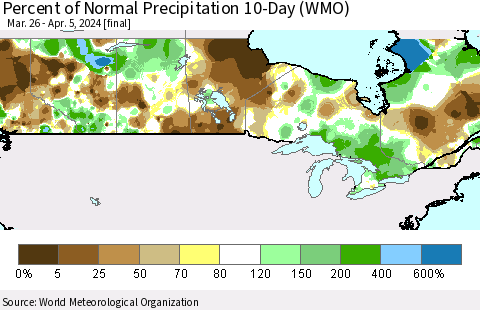 Canada Percent of Normal Precipitation 10-Day (WMO) Thematic Map For 3/26/2024 - 4/5/2024