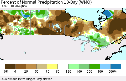 Canada Percent of Normal Precipitation 10-Day (WMO) Thematic Map For 4/1/2024 - 4/10/2024