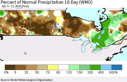Canada Percent of Normal Precipitation 10-Day (WMO) Thematic Map For 4/6/2024 - 4/15/2024