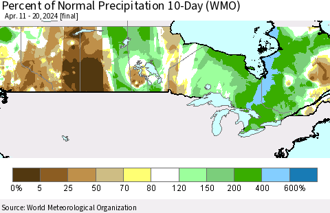 Canada Percent of Normal Precipitation 10-Day (WMO) Thematic Map For 4/11/2024 - 4/20/2024