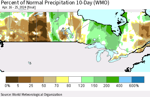Canada Percent of Normal Precipitation 10-Day (WMO) Thematic Map For 4/16/2024 - 4/25/2024