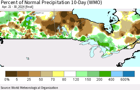 Canada Percent of Normal Precipitation 10-Day (WMO) Thematic Map For 4/21/2024 - 4/30/2024