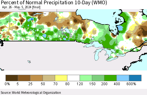 Canada Percent of Normal Precipitation 10-Day (WMO) Thematic Map For 4/26/2024 - 5/5/2024