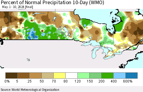 Canada Percent of Normal Precipitation 10-Day (WMO) Thematic Map For 5/1/2024 - 5/10/2024