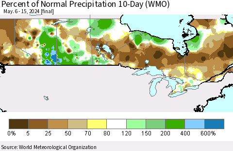 Canada Percent of Normal Precipitation 10-Day (WMO) Thematic Map For 5/6/2024 - 5/15/2024