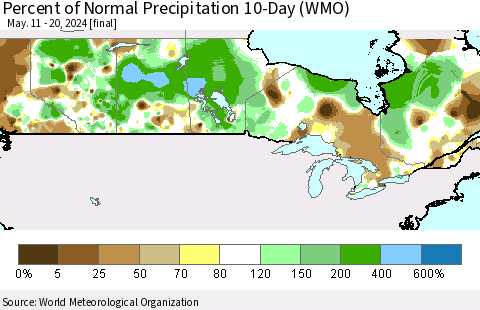 Canada Percent of Normal Precipitation 10-Day (WMO) Thematic Map For 5/11/2024 - 5/20/2024