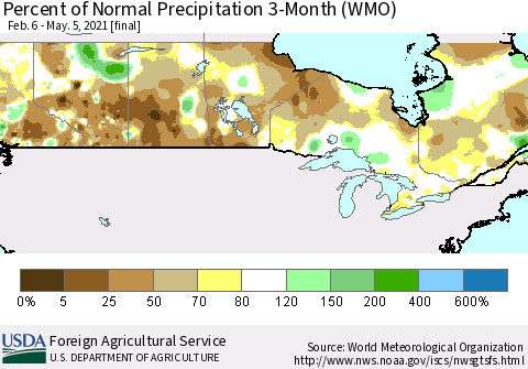 Canada Percent of Normal Precipitation 3-Month (WMO) Thematic Map For 2/6/2021 - 5/5/2021