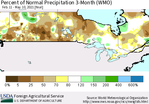 Canada Percent of Normal Precipitation 3-Month (WMO) Thematic Map For 2/11/2021 - 5/10/2021