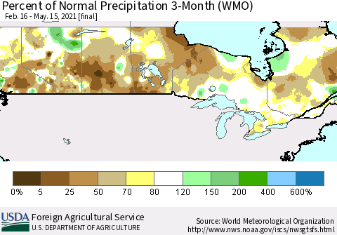 Canada Percent of Normal Precipitation 3-Month (WMO) Thematic Map For 2/16/2021 - 5/15/2021