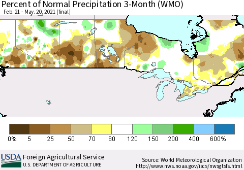 Canada Percent of Normal Precipitation 3-Month (WMO) Thematic Map For 2/21/2021 - 5/20/2021