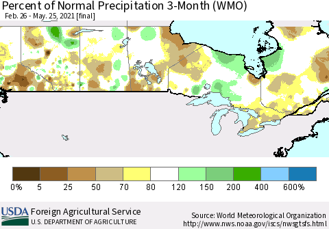 Canada Percent of Normal Precipitation 3-Month (WMO) Thematic Map For 2/26/2021 - 5/25/2021
