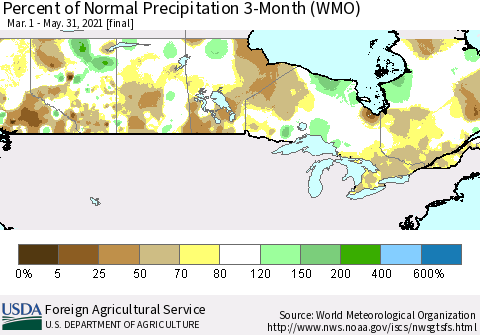 Canada Percent of Normal Precipitation 3-Month (WMO) Thematic Map For 3/1/2021 - 5/31/2021