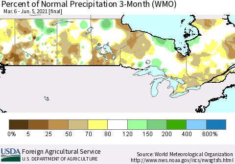 Canada Percent of Normal Precipitation 3-Month (WMO) Thematic Map For 3/6/2021 - 6/5/2021