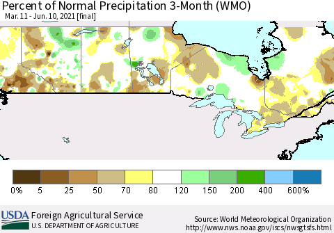 Canada Percent of Normal Precipitation 3-Month (WMO) Thematic Map For 3/11/2021 - 6/10/2021
