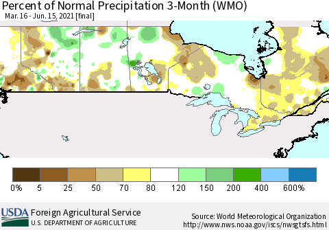 Canada Percent of Normal Precipitation 3-Month (WMO) Thematic Map For 3/16/2021 - 6/15/2021