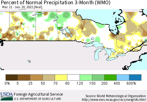 Canada Percent of Normal Precipitation 3-Month (WMO) Thematic Map For 3/21/2021 - 6/20/2021
