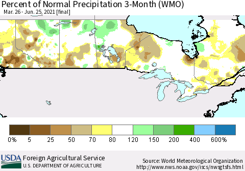 Canada Percent of Normal Precipitation 3-Month (WMO) Thematic Map For 3/26/2021 - 6/25/2021