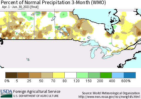 Canada Percent of Normal Precipitation 3-Month (WMO) Thematic Map For 4/1/2021 - 6/30/2021