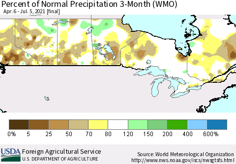 Canada Percent of Normal Precipitation 3-Month (WMO) Thematic Map For 4/6/2021 - 7/5/2021
