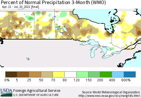 Canada Percent of Normal Precipitation 3-Month (WMO) Thematic Map For 4/11/2021 - 7/10/2021