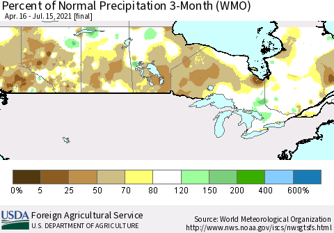 Canada Percent of Normal Precipitation 3-Month (WMO) Thematic Map For 4/16/2021 - 7/15/2021