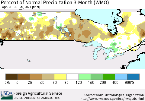 Canada Percent of Normal Precipitation 3-Month (WMO) Thematic Map For 4/21/2021 - 7/20/2021