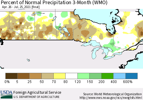 Canada Percent of Normal Precipitation 3-Month (WMO) Thematic Map For 4/26/2021 - 7/25/2021