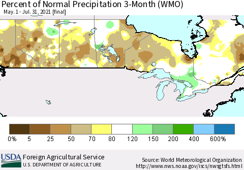 Canada Percent of Normal Precipitation 3-Month (WMO) Thematic Map For 5/1/2021 - 7/31/2021