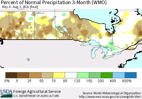 Canada Percent of Normal Precipitation 3-Month (WMO) Thematic Map For 5/6/2021 - 8/5/2021
