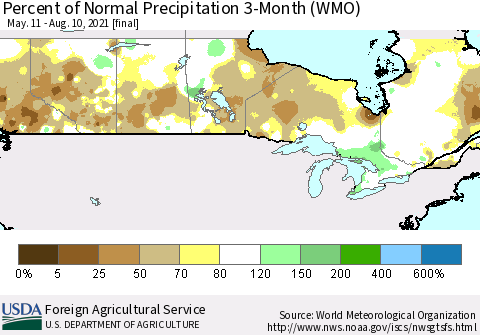 Canada Percent of Normal Precipitation 3-Month (WMO) Thematic Map For 5/11/2021 - 8/10/2021