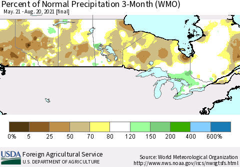 Canada Percent of Normal Precipitation 3-Month (WMO) Thematic Map For 5/21/2021 - 8/20/2021