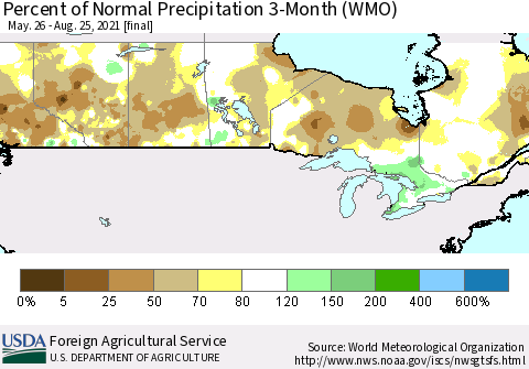 Canada Percent of Normal Precipitation 3-Month (WMO) Thematic Map For 5/26/2021 - 8/25/2021