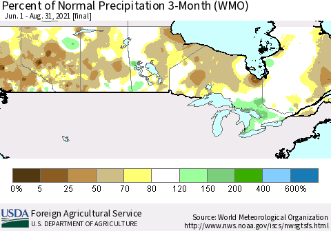 Canada Percent of Normal Precipitation 3-Month (WMO) Thematic Map For 6/1/2021 - 8/31/2021