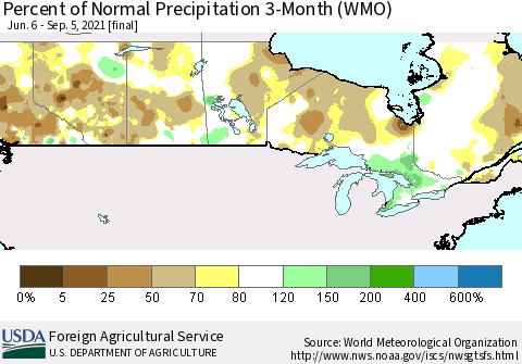 Canada Percent of Normal Precipitation 3-Month (WMO) Thematic Map For 6/6/2021 - 9/5/2021