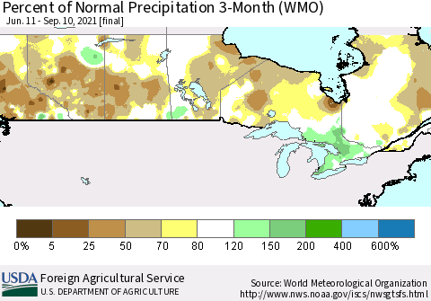 Canada Percent of Normal Precipitation 3-Month (WMO) Thematic Map For 6/11/2021 - 9/10/2021