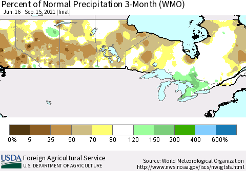 Canada Percent of Normal Precipitation 3-Month (WMO) Thematic Map For 6/16/2021 - 9/15/2021