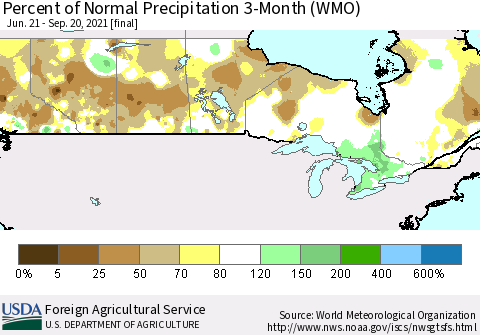 Canada Percent of Normal Precipitation 3-Month (WMO) Thematic Map For 6/21/2021 - 9/20/2021