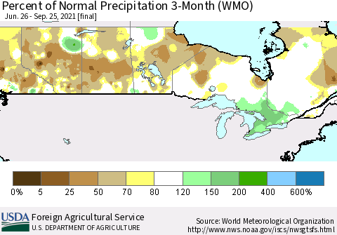 Canada Percent of Normal Precipitation 3-Month (WMO) Thematic Map For 6/26/2021 - 9/25/2021